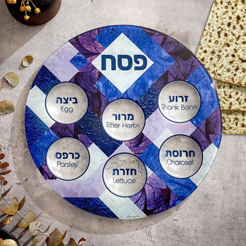 Rite Lite Stained Glass Seder Plate Passover Gifts Stylish & Colorful Pesach Seder Serving Dish Recipe Hebrew & English Haggadah Traditional Judaism Jewish Hostess Holiday Party Plate Decor 12" - Image 2